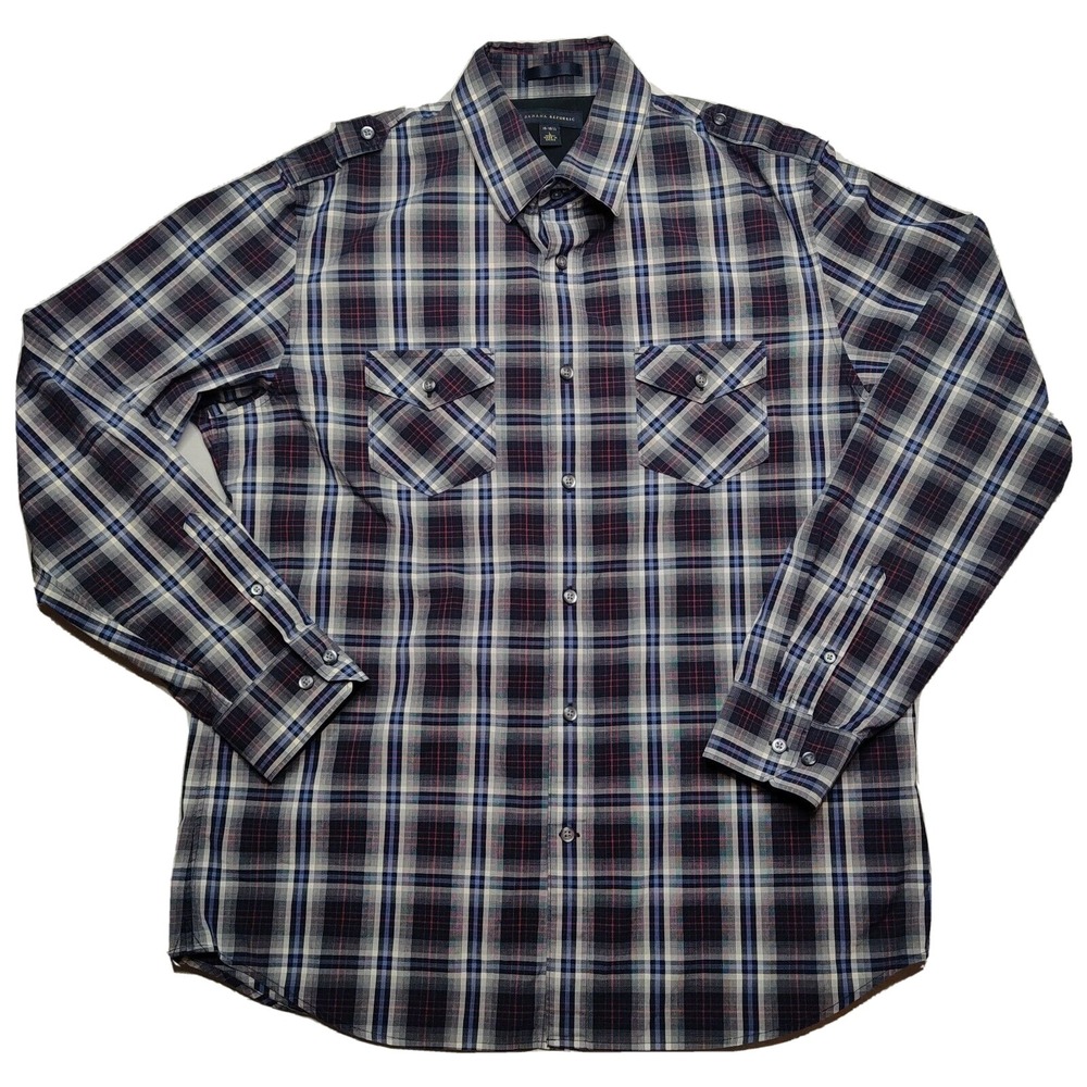 Banana Republic Men Large 16-16.5 Blue Gray Plaid Cotton Blend Button Shirt